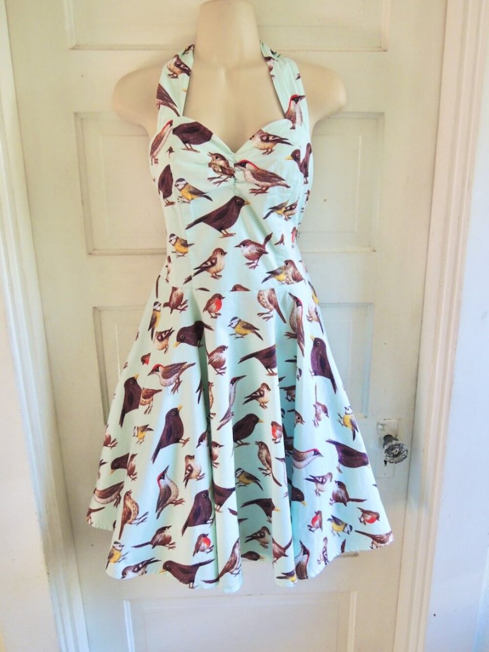 Fe Die Blue & Brown Retro Pinup Bird Print Halter Dress L